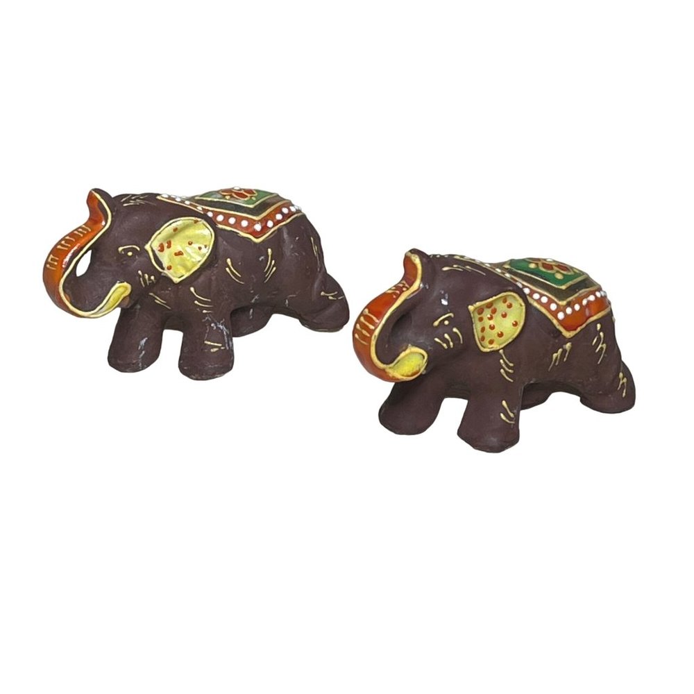 Vintage Small Hand-Painted Ceramic Porcelain Elephant Pair Brown